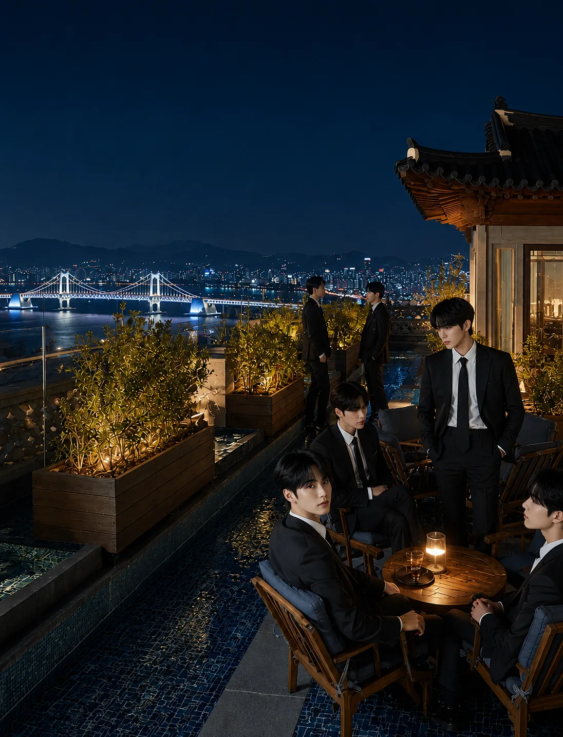 광안대교가 멀리 걸린 옥상 테라스의 밤 풍경